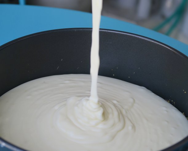 将柠檬芝士蛋糕马斯卡邦芝士/乳清干酪混合物倒入黄油饼干底座上的不粘蛋糕罐中。照片拍摄于花园庭院的桌子上图片下载