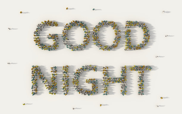 一大群人在白色背景上形成社会媒体和社区概念的晚安字母文本。人群图的3d符号从上面聚集在一起图片下载