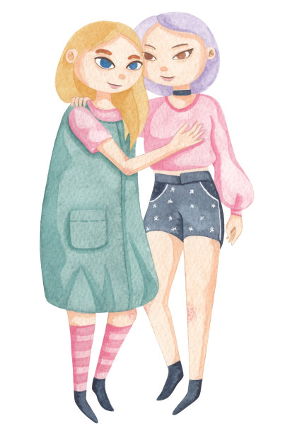 两个可爱的快乐最好的朋友女孩拥抱。亲密的朋友愉快的见面。女性卡通人物孤立在白色背景上图片下载