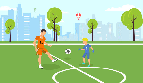 矢量平面爸爸教孩子在公园踢足球。图片下载