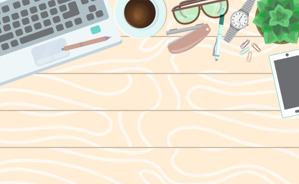 办公室桌子概念旗帜矢量插图。俯视图现代和时尚的工作场所。木桌，办公用品，键盘，写字板，手表，眼镜，钢笔，铅笔，植物。图片下载