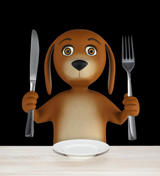 饥饿的卡通狗拿着空碗拿着刀叉。孤立在黑色背景上。三维渲染图片下载