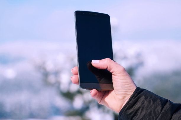 一名年轻女子手持智能手机，在一个明亮的冬季山景背景下自拍图片下载