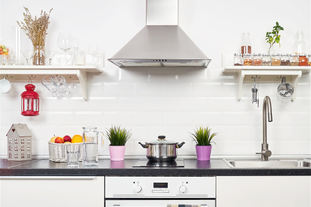 在公寓的一个照明厨房的内部。明亮的家居室内装饰项目，水果，花在一盆，钢罩。明亮的现成图片为您的个人设计图片下载