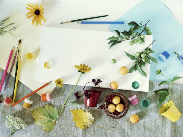 艺术材料，颜料，画笔，彩色铅笔，白色帆布，鲜花和水果在一个明亮的背景图片下载