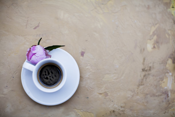 白色的咖啡杯与粉红色的芽在米色的背景图片下载
