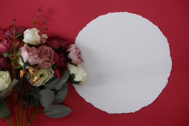 模型圆形白纸，红色背景和花的文字或图片空间。图片下载