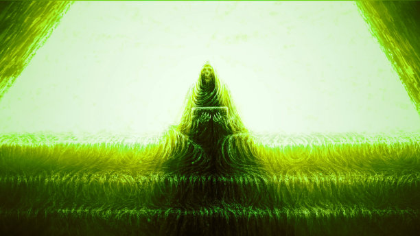 和尚的骨架坐在台阶上。绿色背景。图片下载