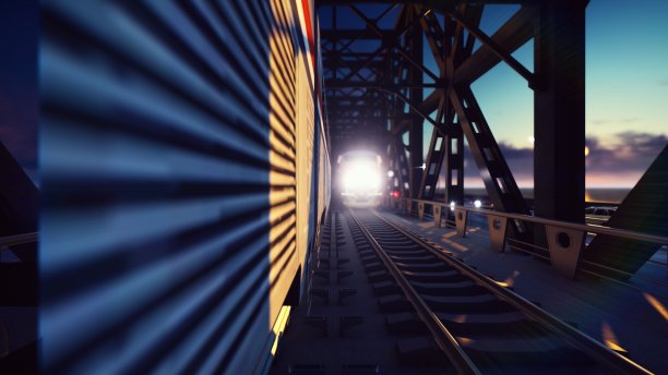 日落时分，火车在铁路桥上飞驰而过，车头灯闪闪发光。三维渲染图片下载