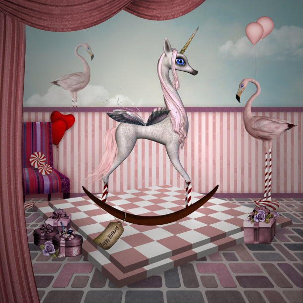 有火烈鸟和独角兽的超现实舞台图片下载