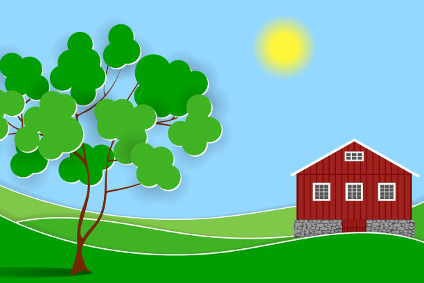 夏季的景观有草地，绿树和红房子图片下载