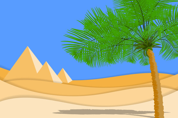 沙漠景观有棕榈树，沙漠和金字塔。剪纸的形状和层作为沙漠设计素材图片