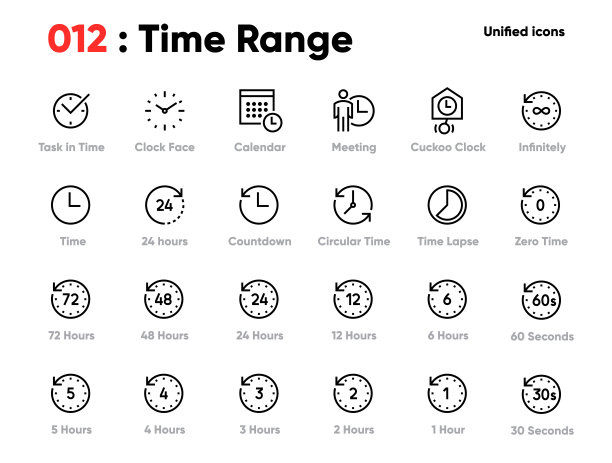 时间范围线统一图标集。包括日历，会议，时间推移，时钟面等。可编辑的中风。图片下载