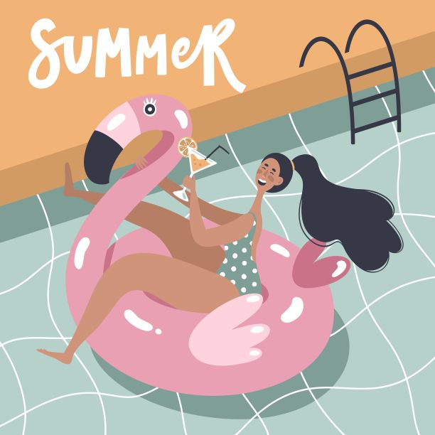 手绘的夏卡上有女孩游泳，粉红色的火烈鸟浮圈。时尚的平面卡通人物与手写短语“夏天”。暑假海报。图片下载
