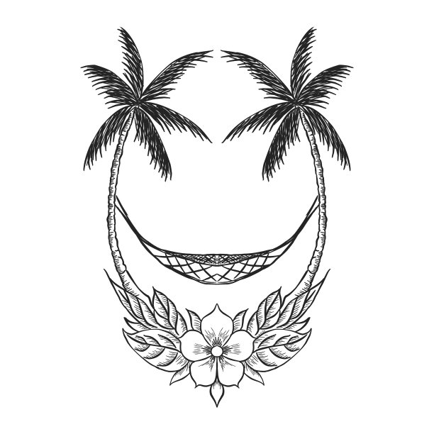 绘制剪影景观自然热带与图形，椰子树，花卉和摆动的元素设计图片下载