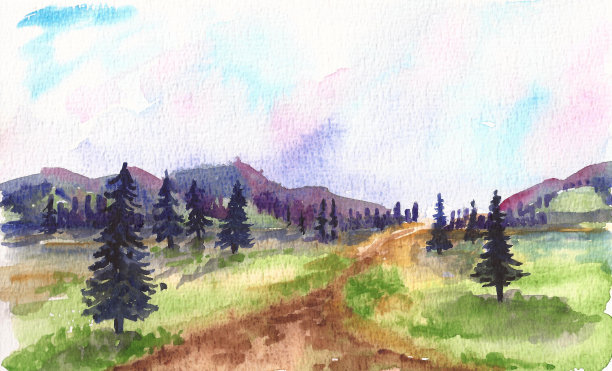 水彩道路景观与松树和山脉素材图片