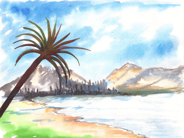 水彩棕榈树，大海，沙滩和山脉景观图片下载