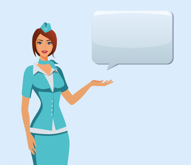 穿蓝色制服的空姐。空服员，空服员指着信息或拿着包站着图片下载