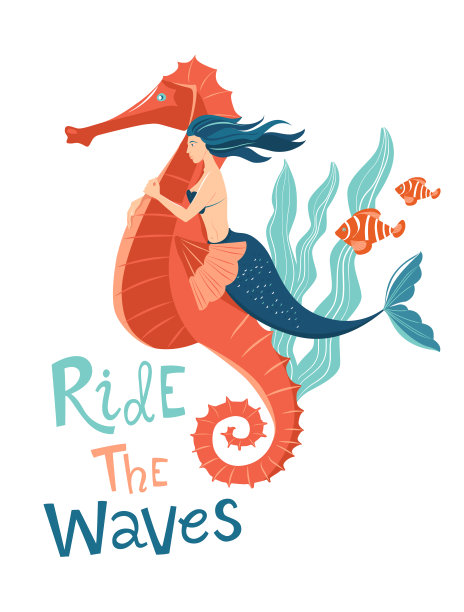 美人鱼骑着海马。海洋孩子刻字。海洋神话生物图片下载