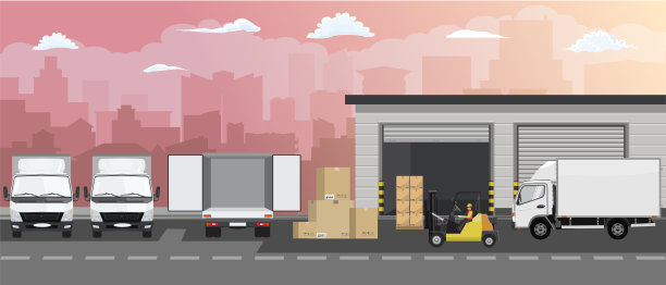仓库建筑立面，卡车和叉车的城市景观背景。矢量插图。图片下载