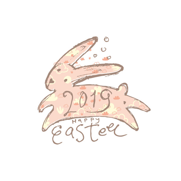 粉色云朵里的复活节兔子。2019年复活节快乐。矢量插图模仿铅笔绘图。图片下载