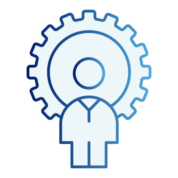 人和齿轮平图标。开发商的蓝色图标在时尚的公寓风格。Gogwheel和man梯度风格设计，为网页和应用程序设计。图片下载