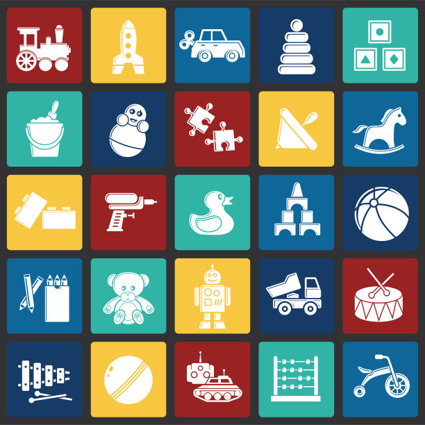 玩具图标设置在彩色方块背景图形和网页设计。简单的矢量信号。网站按钮或手机应用的互联网概念符号。图片下载