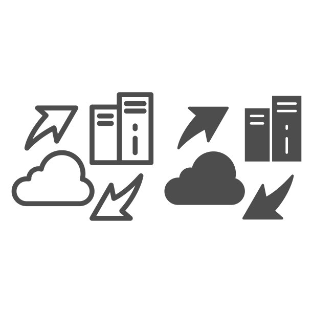 信息共享线性图标：带服务器的云矢量图，白色背景，箭头轮廓设计，适用于网页和App，EPS 10格式图片下载