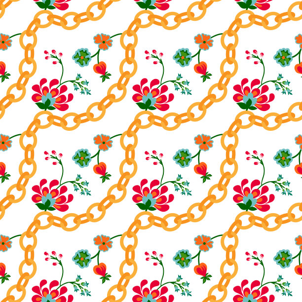 带有金色链条的花卉民俗图案。别致的小花图案设计在一个白色的背景图片下载