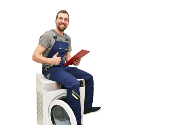在客户家中由服务技术人员修理洗衣机//在白色背景上绝缘图片下载