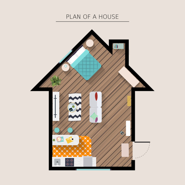 房屋家具头顶视图。平面风格矢量插图。图片下载