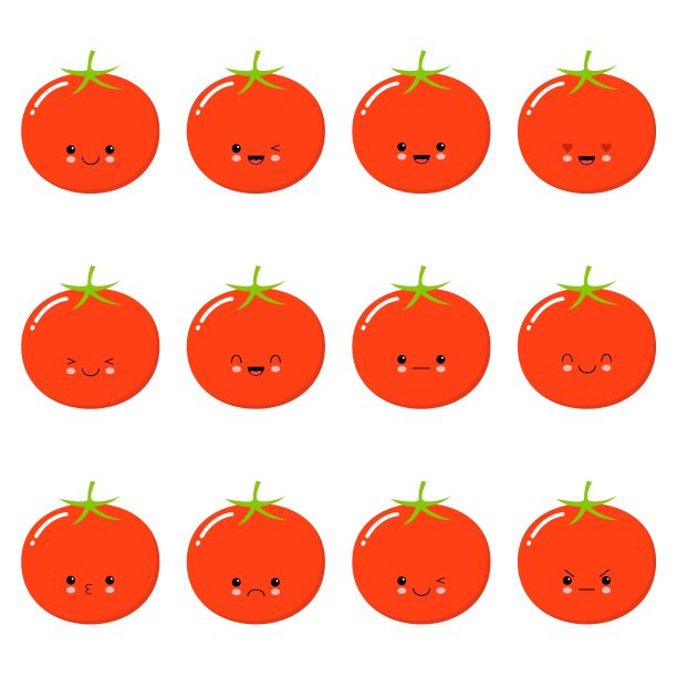 有趣的番茄-矢量孤立的卡通表情符号。可爱的表情包加上一个不错的角色。可爱的蔬菜图片下载