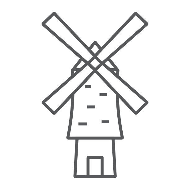 风车细线图标，能源和风，风车标志，矢量图形，白色背景上的线性图案。图片下载