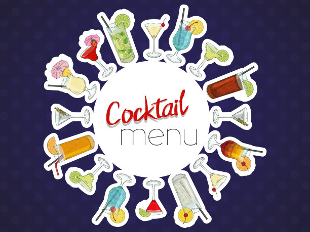手绘鸡尾酒。鸡尾酒菜单。在黑暗的背景。矢量插图。图片下载