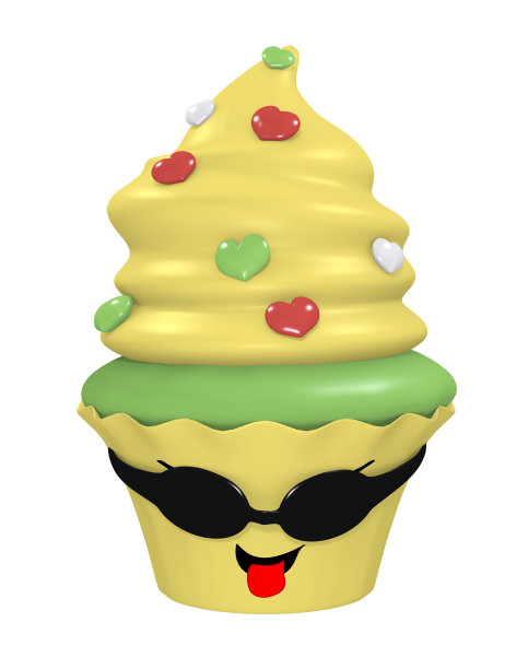 戴着太阳镜伸出舌头的3d柠檬纸杯蛋糕。图片下载