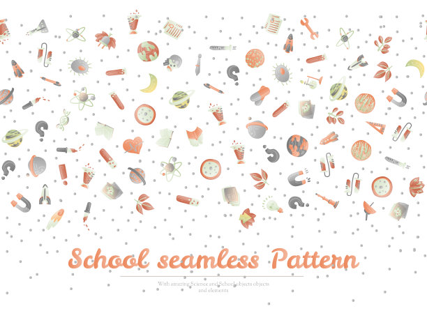 可爱的卡通回到学校和大学的乐趣无缝图案与彩色学校用品。科学试管，书籍，物理，化学和天文物体彩色校无缝图案图片下载