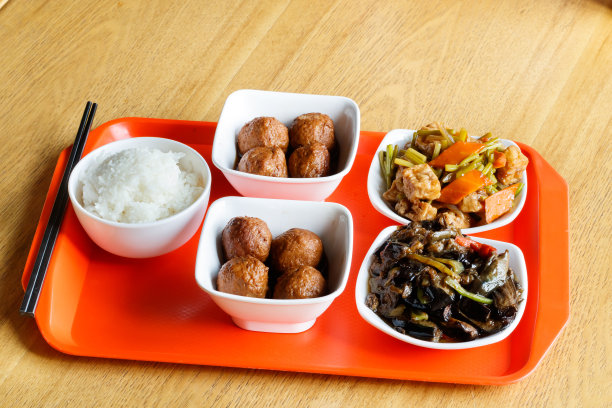 中餐——米饭、肉丸、豆腐和炸茄子图片下载