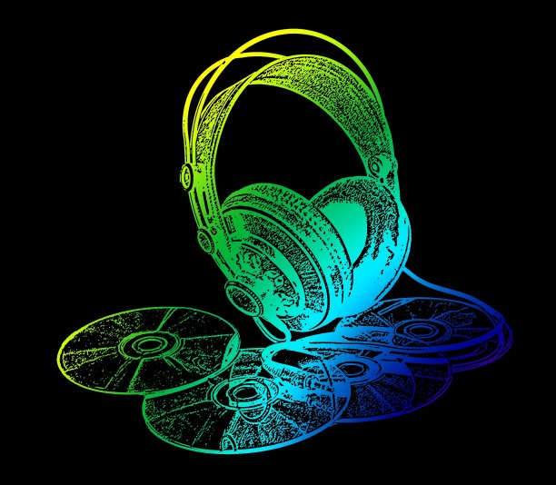 耳机和CD驱动器风格化在绿色，黄色，蓝色的黑色背景颜色图片下载