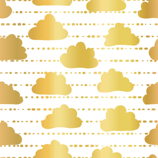 金箔云在天空无缝矢量图案背景。金色的云在条纹的白色背景上。适合孩子，纸张，网络横幅，派对，庆祝，邀请，婚礼，宝宝送礼会，生日图片下载