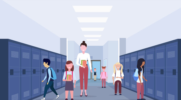 女教师与混血学龄儿童组在学校大堂走廊内部与一排排蓝色储物柜教育概念水平全长平坦图片下载