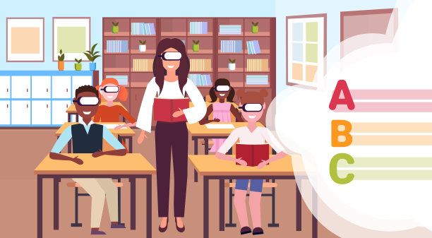 教师带着小学生阅读的数字眼镜佩戴虚拟现实字母头戴视觉教育理念现代学校教室内部水平平坦图片下载