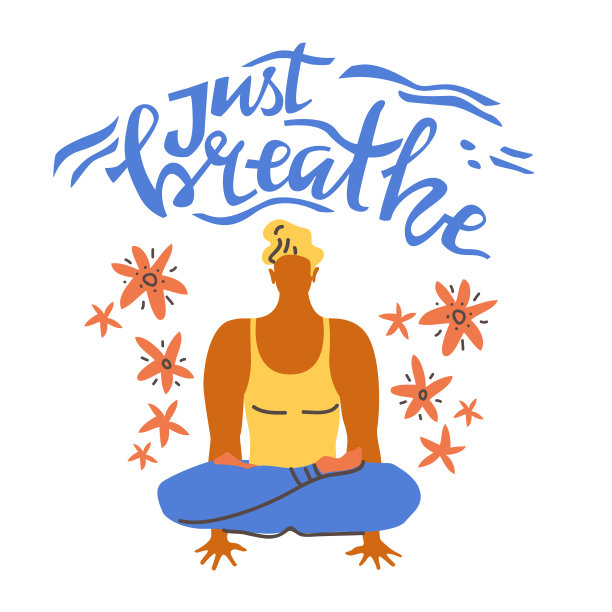 瑜伽矢量刻字。只是呼吸。冥想的人。平面极简主义风格。图片下载