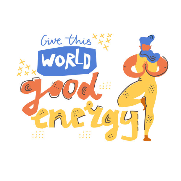 瑜伽矢量字体。给这个世界好的能量。男人在树体式。平的极简主义风格。图片下载