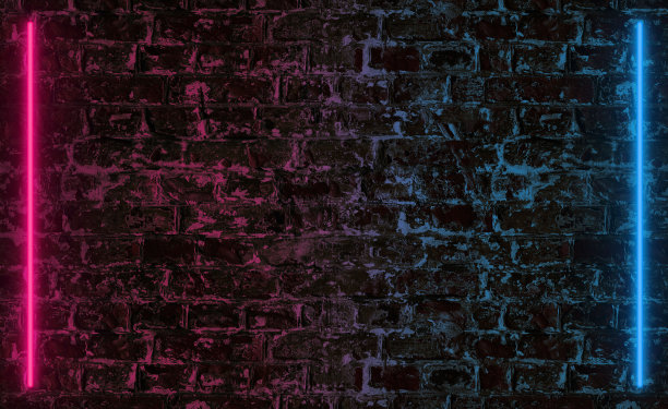 黑色砖墙上的粉色和蓝色霓虹线图片下载