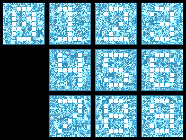 从0到9的一组数字字符。复杂迷宫中的程式化数字。图片下载