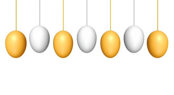 金色和白色的复活节彩蛋，挂在绳子和白色的背景，3D渲染图片下载