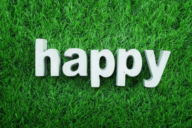 快乐由混凝土字母制成，俯视绿草如茵图片下载
