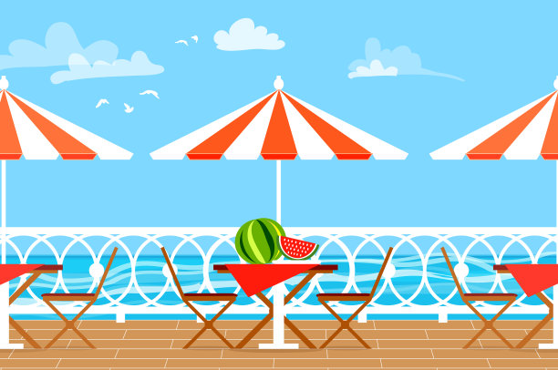 餐厅露台。野餐。阳台上的桌椅和伞。海景观。图片下载