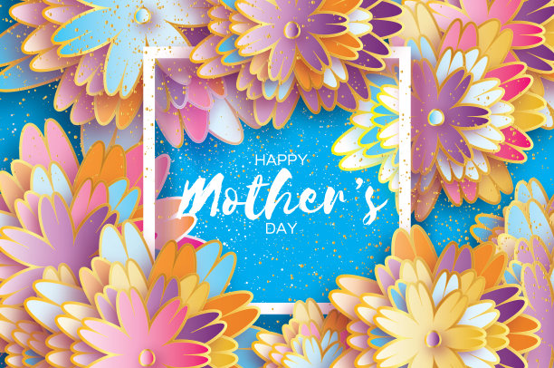 快乐的母亲节。折纸金花贺卡。剪纸花。方框。图片下载