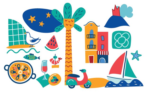 一套巴塞罗那手绘矢量图标图片下载